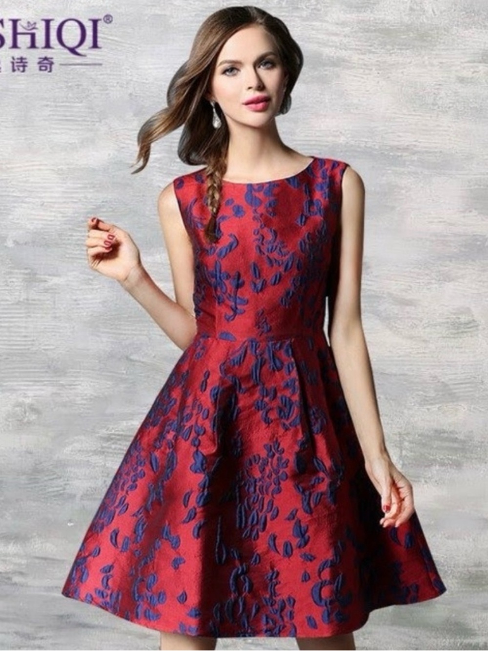 Yishiqi Red Dress with Blue Floral Jacquard